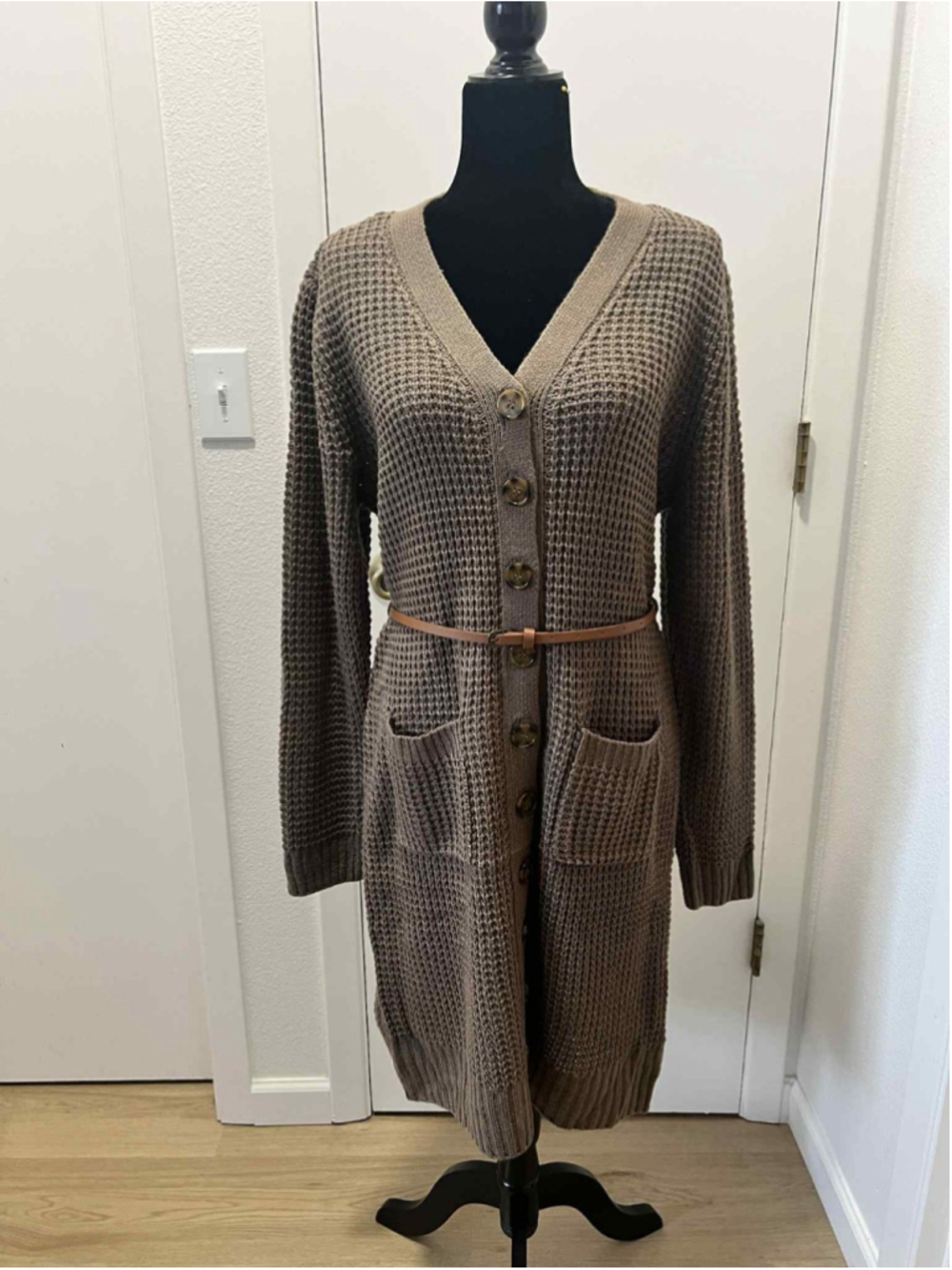 Olive & Oak Womens XL Brown Long Knit Cardigan Sweater Waffle Texture Button